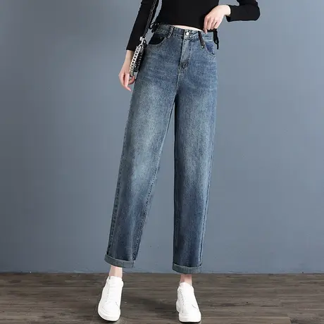高腰哈伦牛仔裤女2023年春秋新款怀旧撞色显瘦直筒小个子老爹裤潮图片