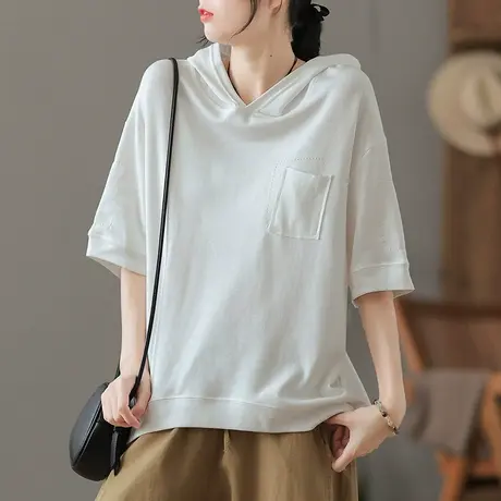 dza纯色全棉连帽t恤女士短袖2023夏薄款带帽口袋显瘦上衣宽松半袖商品大图