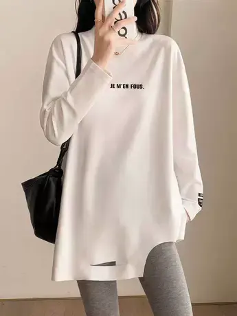 白色半高领德绒打底衫女秋冬内搭中长款宽松显瘦纯棉破洞长袖t恤图片