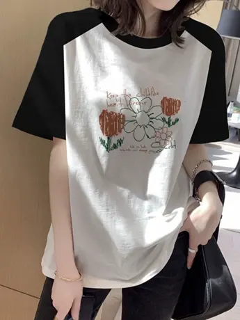 欧货仿棉短袖t恤女2023新款夏季美式复古冷淡系高级感撞色上衣服图片