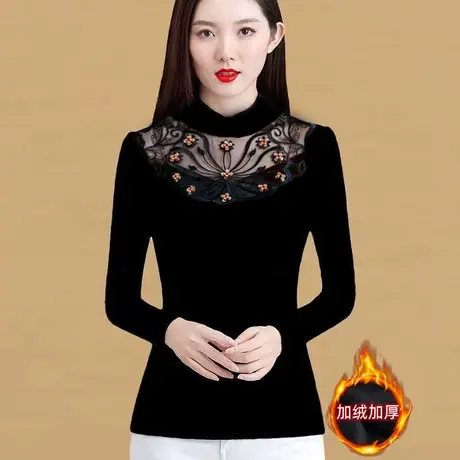 2023秋冬新款时尚小衫蕾丝打底衫女装洋气长袖纱衣加绒加厚上衣潮图片