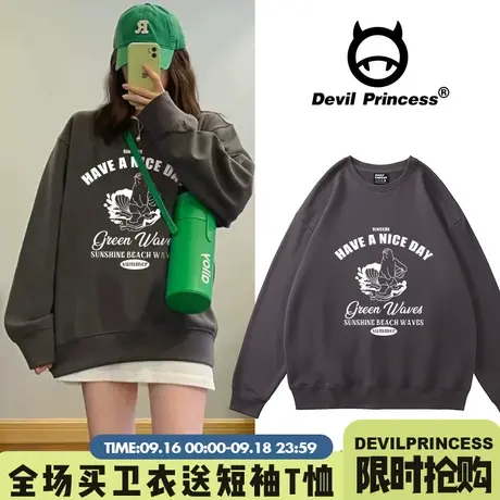 国潮vintage卫衣女炭灰色小个子宽松bf慵懒风加绒外套美式上衣ins商品大图