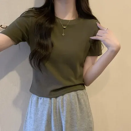 正肩短袖T恤女夏季修身显瘦内搭打底衫小个子短款半袖闺蜜装上衣图片