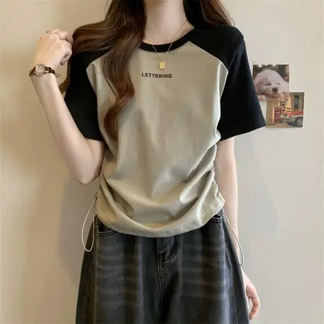 撞色插肩正肩短袖t恤女夏季修身小众设计感别致遮肉洋气减龄上衣图片