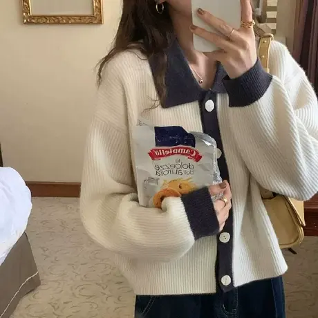 polo领外搭针织开衫女2022年新款春秋薄款宽松毛衣外套温柔慵懒风图片