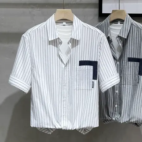 夏季竖条纹五分短袖衬衫男士宽松百搭纯棉休闲中袖半袖高级设计感商品大图