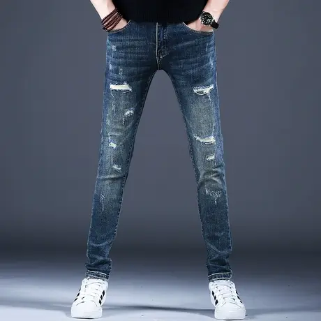 乞丐破洞牛仔裤秋款款男士修身小脚弹力高端美式高街潮牌潮流裤子商品大图