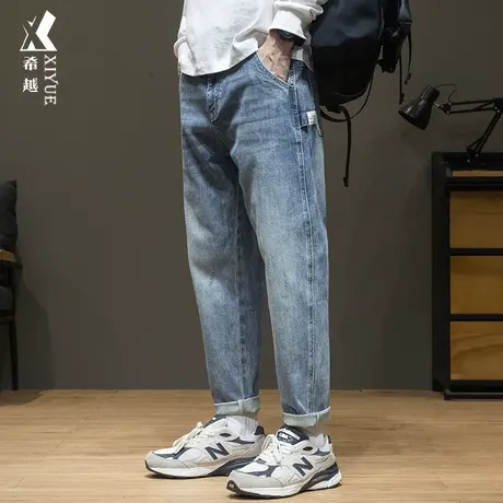 希越复古怀旧蓝色牛仔裤男款秋冬潮牌直筒休闲裤宽松大码锥形裤子图片