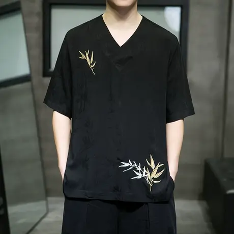新中式冰丝短袖T恤男V领中国风大码刺绣男汉服元素五分垂感半袖图片