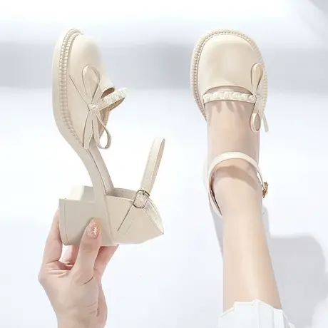 包头蝴蝶结凉鞋女2023春季新款时尚百搭复古粗跟防滑玛丽珍小皮鞋商品大图