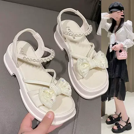 蝴蝶结珍珠凉鞋女夏配裙子松紧新款时尚仙女风厚底中跟时装罗马鞋商品大图