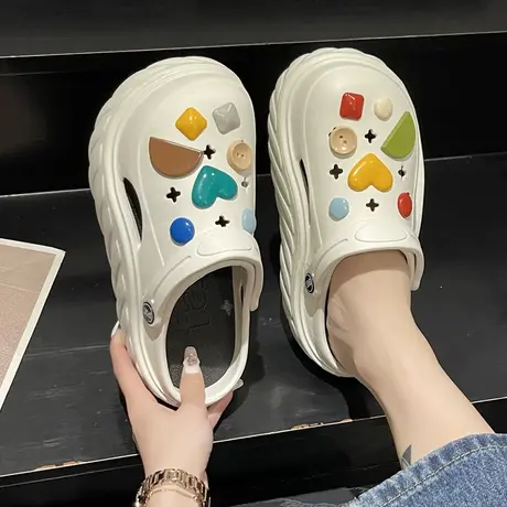 时尚彩色石外穿洞洞鞋女夏季新款韩版厚底高跟两穿包头防滑凉拖鞋商品大图