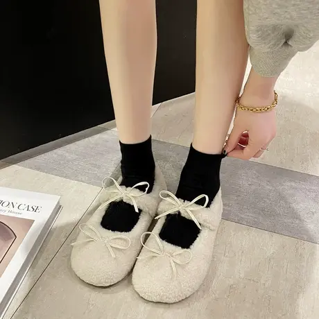 甜美毛毛鞋女外穿秋冬季2024新款加绒豆豆鞋浅口百搭平底低跟单鞋商品大图