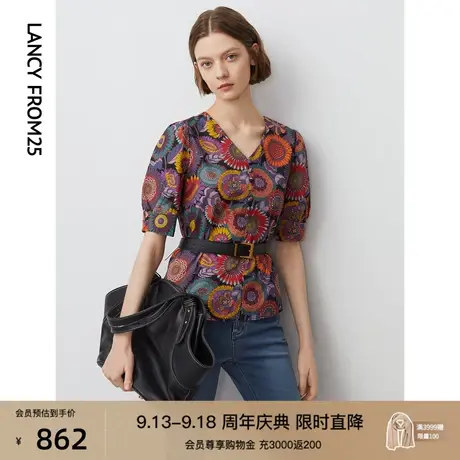 朗姿复古假日风纯棉衬衫女夏新款印花V领短袖上衣设计感商场同款商品大图