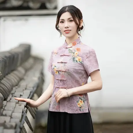 筠雅改良唐装上衣女夏季半身旗袍新款中式盘扣居士服茶艺师23J170商品大图