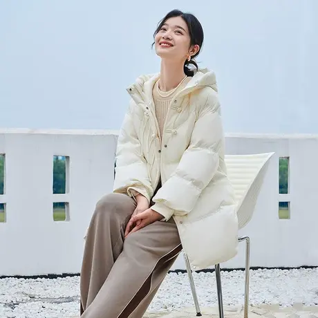 坦博尔2023年新款国风盘扣中长款羽绒服女连帽保暖舒适秋冬外套潮商品大图