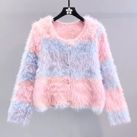 彩虹渐变水貂绒毛衣外套女秋冬2023年新款高腰短款设计感针织开衫商品大图