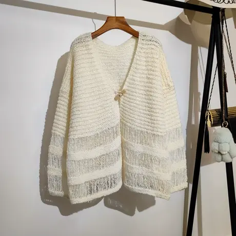 大码胖mm针织开衫女秋冬新款宽松慵懒风简约纯色薄款镂空毛衣外套图片