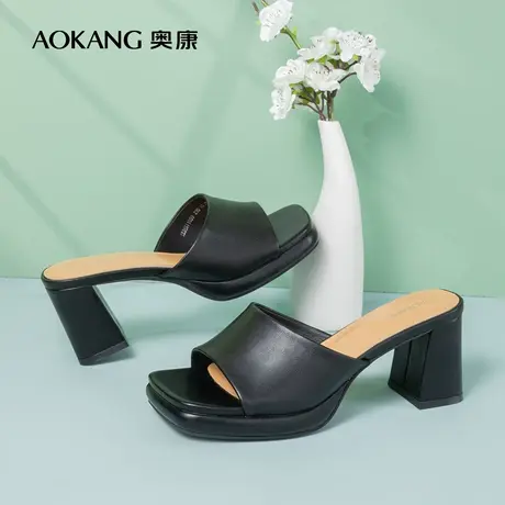 奥康女鞋 2022夏季新款简约粗跟方头厚底后空外穿凉拖鞋时装凉鞋图片