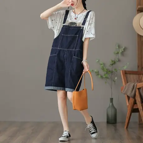 dza 复古显瘦牛仔背带裤女士2022夏季新款宽松阔腿短裤薄款直筒裤图片