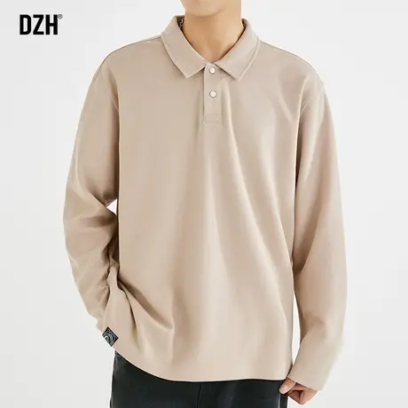 男士杏色翻领polo衫男长袖高级感美式男装2023新款秋季打底衫体恤商品大图