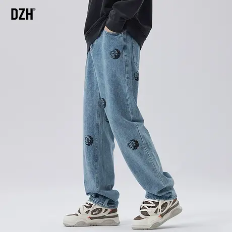男士印花直筒牛仔裤男2023新款春秋款蓝色裤子oversize美式高街裤商品大图