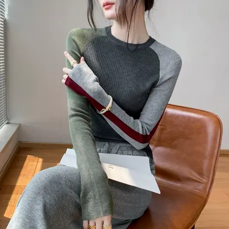 撞色拼接毛衣女秋冬修身复古设计感套头插肩内搭羊毛针织打底衫商品大图