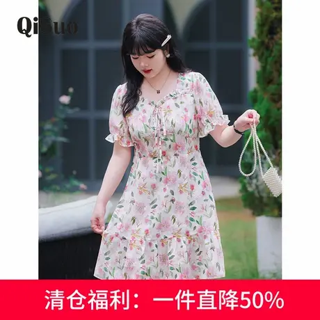 大码女装碎花雪纺连衣裙2024夏季新款度假风胖妹妹显瘦收腰A字裙图片
