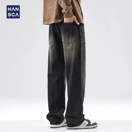 hansca黄泥染黑色直筒牛仔裤男2024年秋季新款复古水洗做旧长裤子商品大图