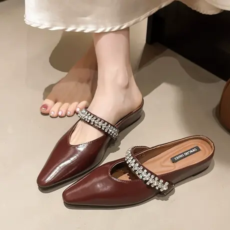 法式包头半拖鞋女2025春季新款复古棕色尖头小皮鞋气质配裙子单鞋商品大图