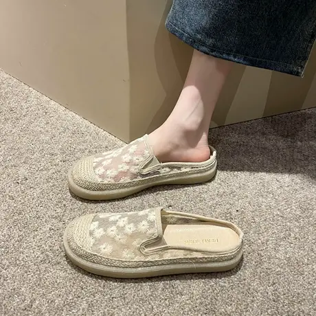蕾丝包头半拖鞋女2025年新款女鞋夏季外穿凉拖花朵草编厚底渔夫鞋商品大图