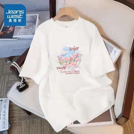 KMV真维斯白色纯棉短袖t恤女2025新款宽松休闲半袖夏日漂亮小上衣商品大图