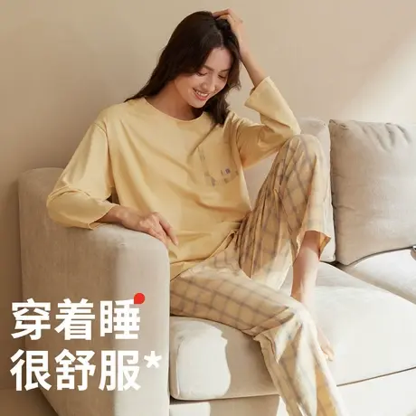 秋鹿柔软透气睡衣女款春秋季纯棉圆领长袖长裤宽松全棉家居服套装商品大图