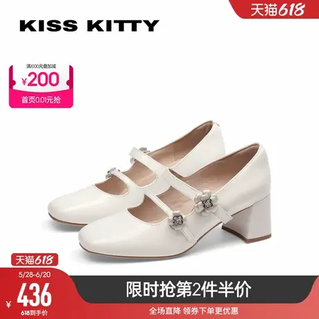 KISSKITTY2025年春夏新款浅口粗跟方头高跟鞋法式复古玛丽珍单鞋图片