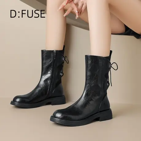 DFuse迪芙斯圆头黑色马丁靴女2024秋冬新款厚底复古粗跟骑士短靴图片
