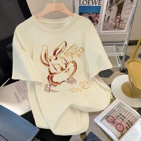 潮牌纯棉t恤女2023新款夏宽松正肩短袖ins潮大码美式复古印花上衣商品大图