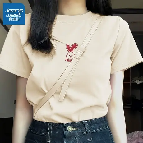 KHV真维斯正肩t恤女短袖2025新款爆款夏季纯棉宽松印花小个子上衣商品大图