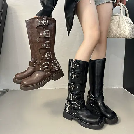 复古百搭长靴女2025新款秋季粗跟小个子长筒靴配裙子西部骑士靴子商品大图