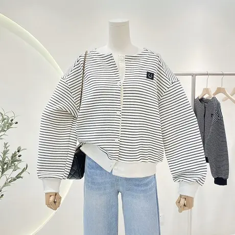 美式复古开衫条纹卫衣女2023春秋新款纽扣设计感小众宽松上衣外套商品大图
