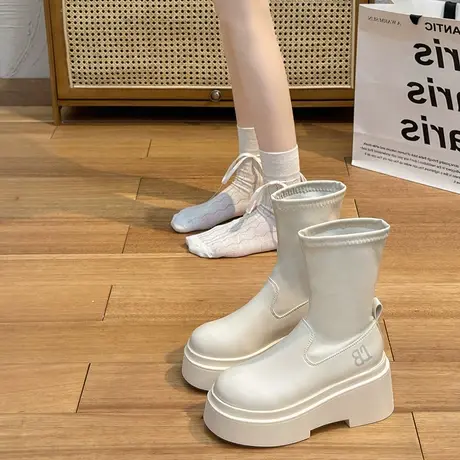 永希靴子女夏季2023年新款弹力瘦瘦靴厚底增高小个子辣妹套筒短靴图片