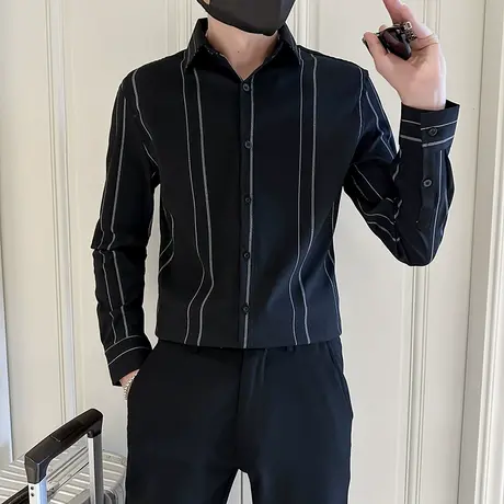 秋季条纹衬衫男修身韩版个性潮牌痞帅发型师潮流衬衣休闲上衣商品大图