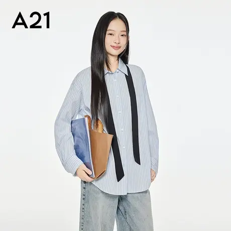 A21女装韩系慵懒风条纹衬衫秋季新款宽松休闲上衣图片