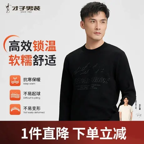 才子男装羊毛针织衫男2024冬季修身打底内搭提花圆领套头休闲毛衣图片