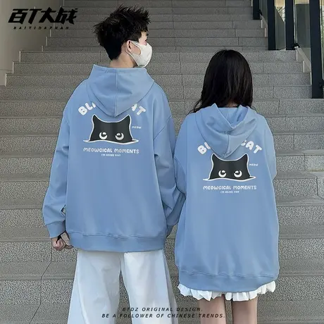 韩系复古喵法时间连帽卫衣女秋冬正肩纯棉潮流慵懒情侣装穿搭上衣商品大图