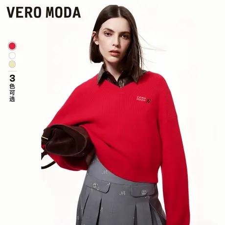 Vero Moda奥莱春秋针织衫女字母刺绣慵懒风宽松V领落肩毛衣百搭图片