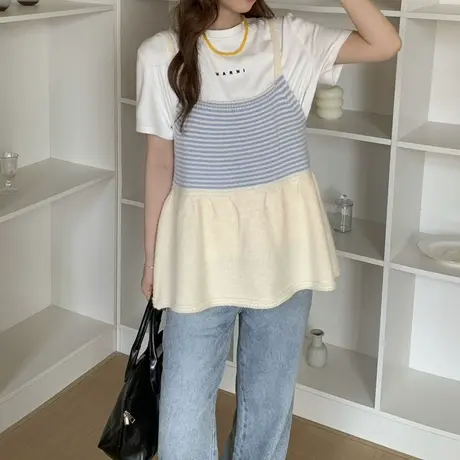 条纹针织吊带毛衣背心女秋季新款甜美撞色叠穿设计感小众无袖上衣图片