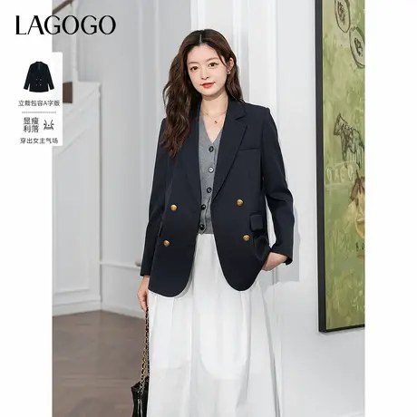LAGOGO藏青色双排扣正肩西装女拉谷谷2025年秋季新款通勤职场外套图片