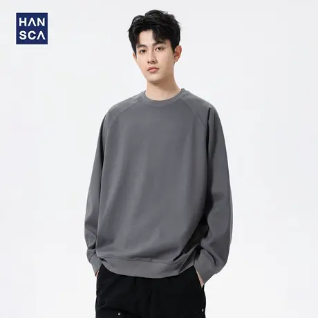 hansca秋季深灰色圆领卫衣男2025新款日系宽松休闲百搭套头上衣服商品大图