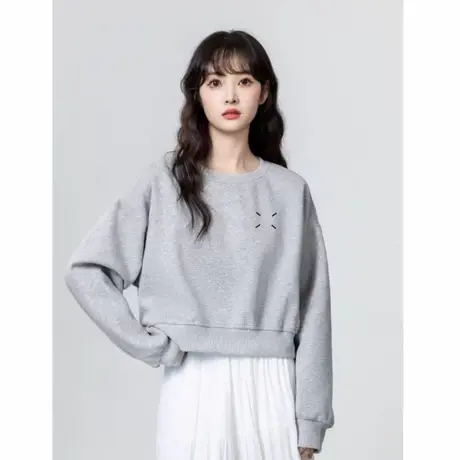短款灰色圆领卫衣女2025早秋新款韩版宽松设计感无帽套头小众上衣商品大图