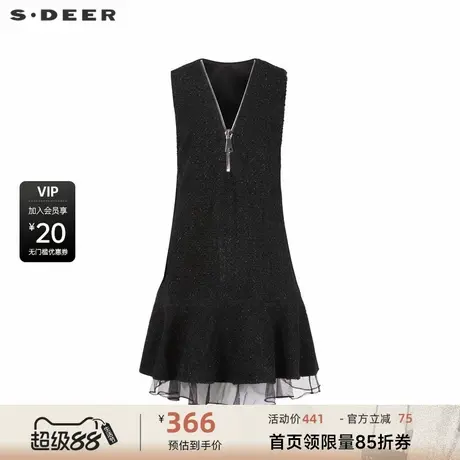 sdeer圣迪奥女装V领网纱拼接毛呢背带连衣裙S234Z12C5图片